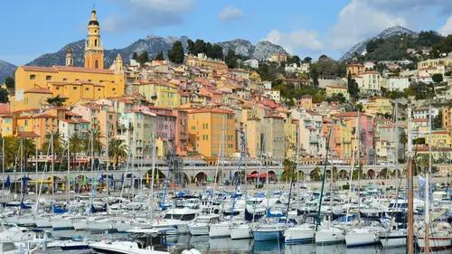 Menton city from the port with beautiful coloured homes